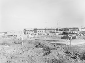 Old Dagenham Village housing development, showing construction towards Ibscott Close and Rainham Road South, 1971