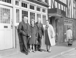Mr and Mrs Harris [Mr Harris, caretaker at Rectory Library, Dagenham] with Mr and Mrs Marshall [Mrs Marshall, cleaner at Rectory Library] outside Cross Keys Public House, Dagenham, 1971