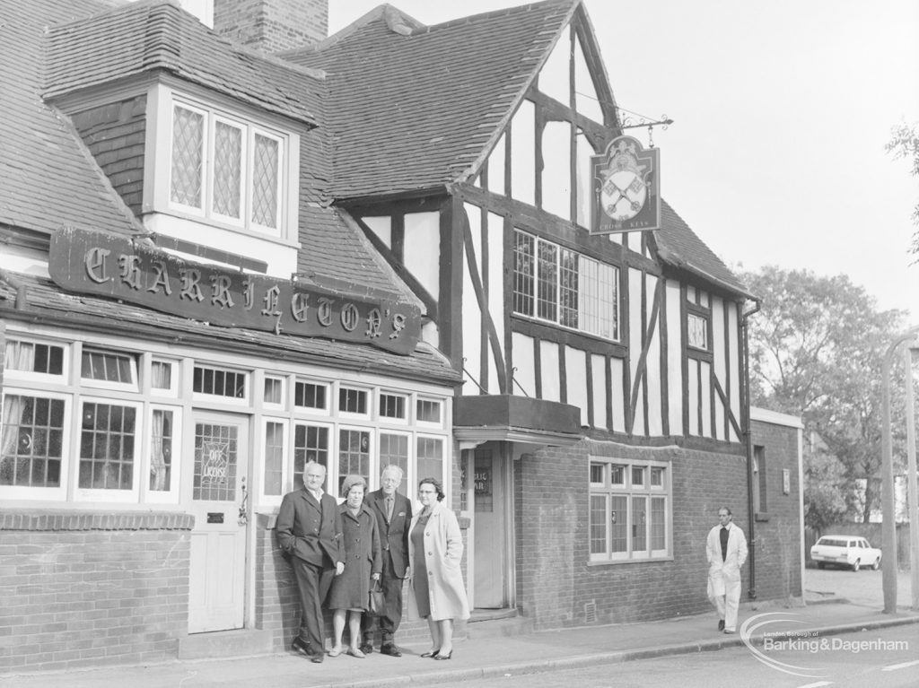 Mr and Mrs Harris [Mr Harris, caretaker at Rectory Library, Dagenham] with Mr and Mrs Marshall [Mrs Marshall, cleaner at Rectory Library] outside Cross Keys Public House, Dagenham, 1971