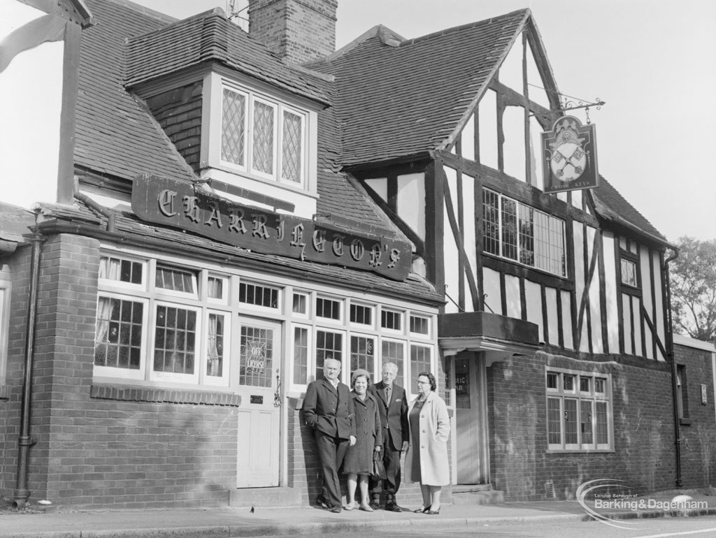 Mr and Mrs Harris [Mr Harris, caretaker at Rectory Library, Dagenham] with Mr and Mrs Marshall [Mrs Marshall, cleaner at Rectory Library] outside Cross Keys Public House, Dagenham, 1971