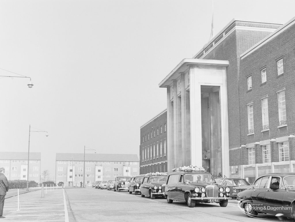 Funeral of Alderman Denis O’Dwyer KSG, showing cortege outside Civic Centre, Dagenham, 1971