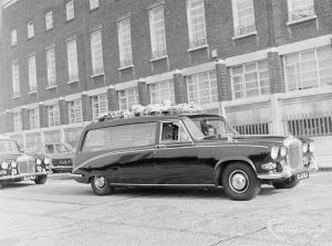 Funeral of Alderman Denis O’Dwyer KSG, showing hearse outside Civic Centre, Dagenham, 1971