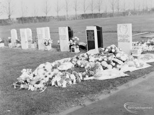Funeral of Alderman Denis O’Dwyer KSG, showing grave now filled and surrounded by wreaths at Eastbrookend Cemetery, Dagenham, 1971