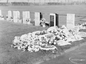 Funeral of Alderman Denis O’Dwyer KSG, showing grave now filled and surrounded by wreaths and floral cross at Eastbrookend Cemetery, Dagenham, 1971