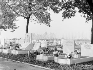 Eastbrookend Cemetery, Dagenham, showing more recent tombstones at east end, 1971