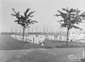 Eastbrookend Cemetery, Dagenham, showing lawn treatment and lines of gravestones, 1971