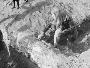 Barking Abbey recent excavation, showing Miss Pat Wilkinson at work in trench, 1971