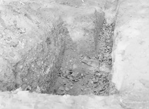 Barking Abbey recent excavation, showing wide chamber at end of narrow trench, 1971