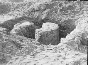 Barking Abbey recent excavation, showing two island blocks of masonry in rectangular excavation, 1971