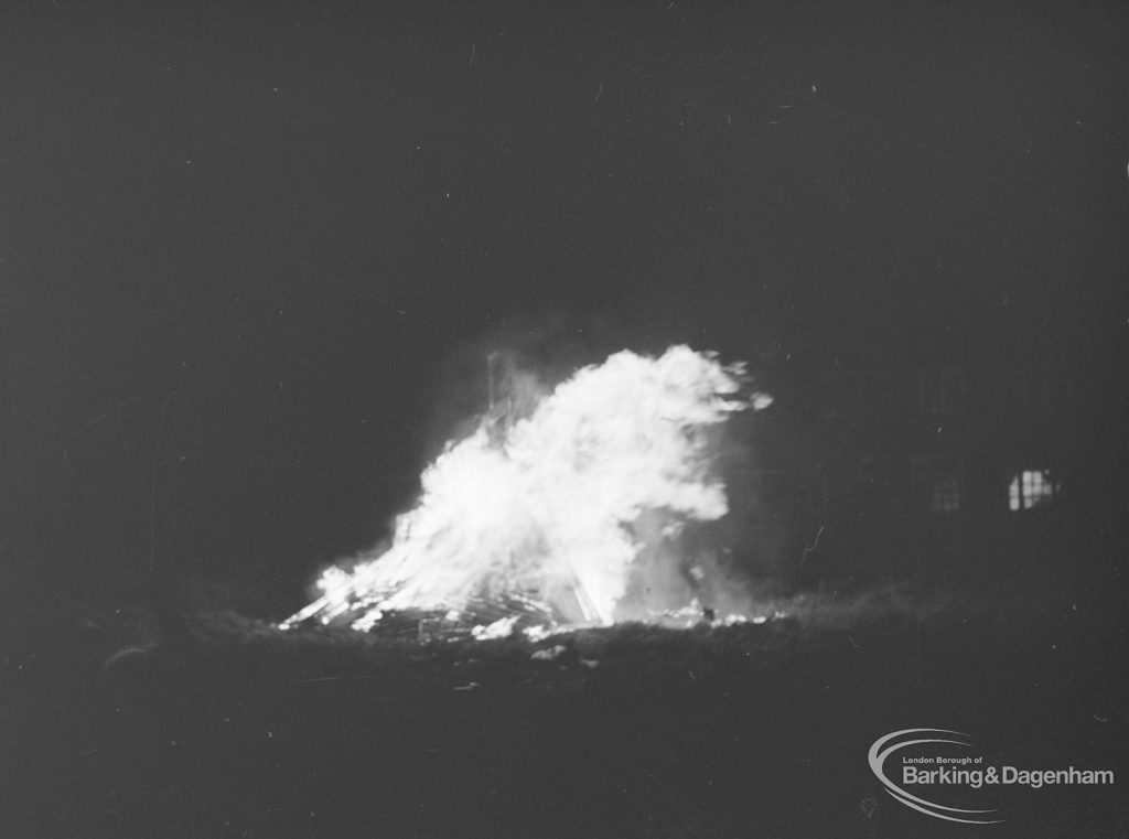 Guy Fawkes Night bonfire in Rectory Road, Dagenham, built on waste ground between Moss Road and footpath linking Ford Road with Rectory Road, 1971