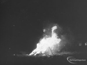 Guy Fawkes Night bonfire in Rectory Road, Dagenham, built on waste ground between Moss Road and footpath linking Ford Road with Rectory Road, 1971