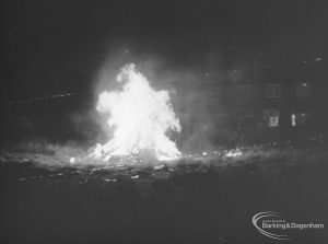Guy Fawkes Night bonfire in Rectory Road, Dagenham, built on waste ground between Moss Road and footpath linking Ford Road with Rectory Road, 1971