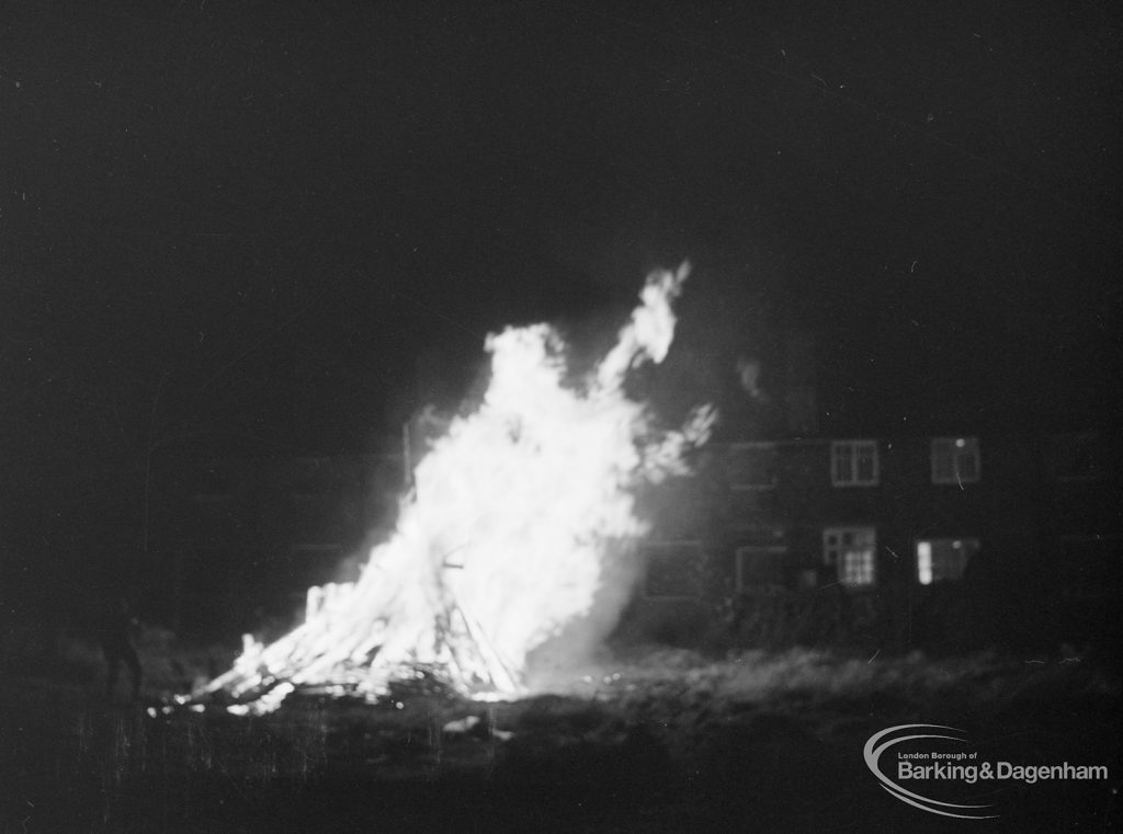 Guy Fawkes Night bonfire in Rectory Road, Dagenham, built on waste ground between Moss Road and footpath linking Ford Road with Rectory Road, 1971