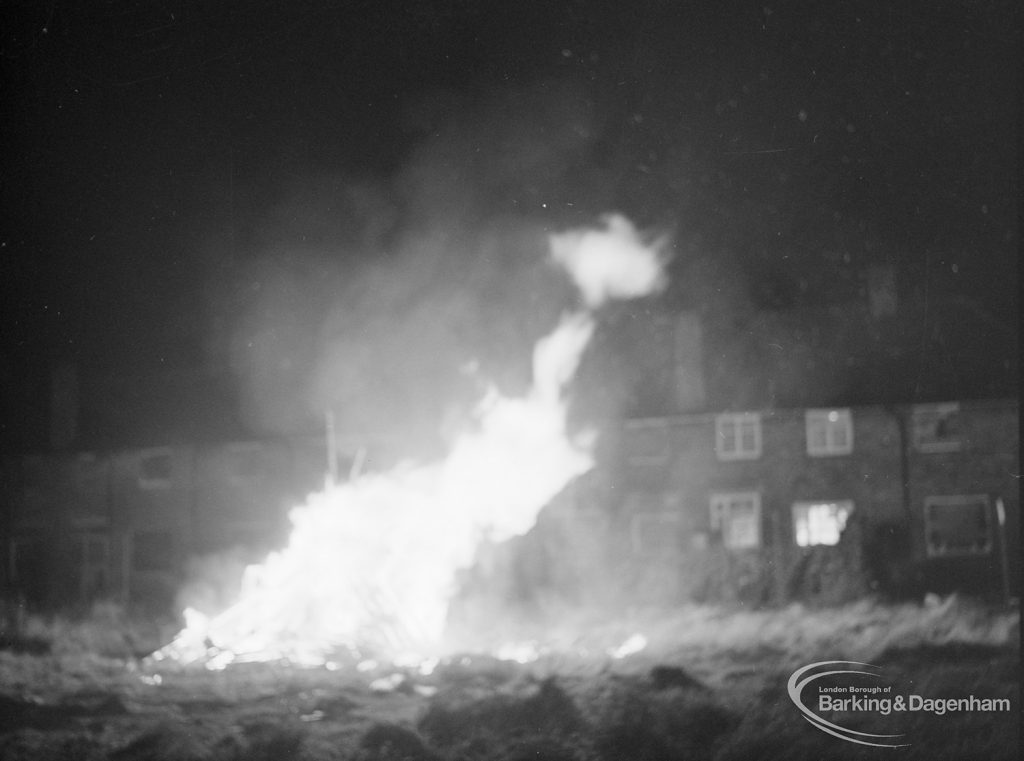 Guy Fawkes Night bonfire in Rectory Road, Dagenham, built on waste ground between Moss Road and footpath linking Ford Road with Rectory Road, 1971