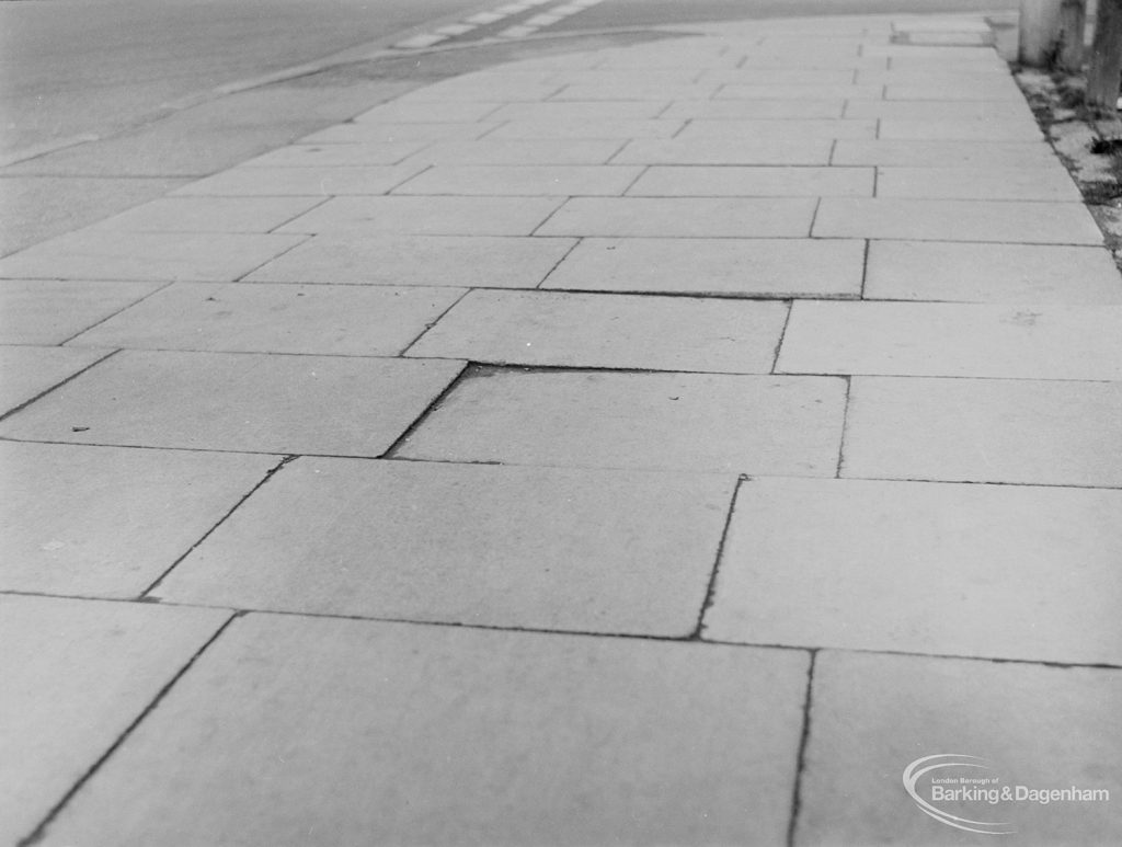 Highways, showing whole area of defective paving in Heathway, Dagenham at junction with Pettits Road, 1971