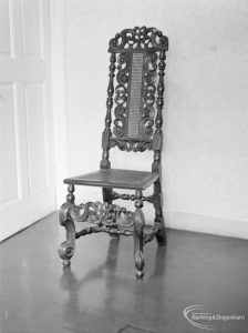 Late seventeenth century chair on loan from Victoria and Albert Museum and displayed in Valence House, Becontree Avenue, Dagenham, 1972
