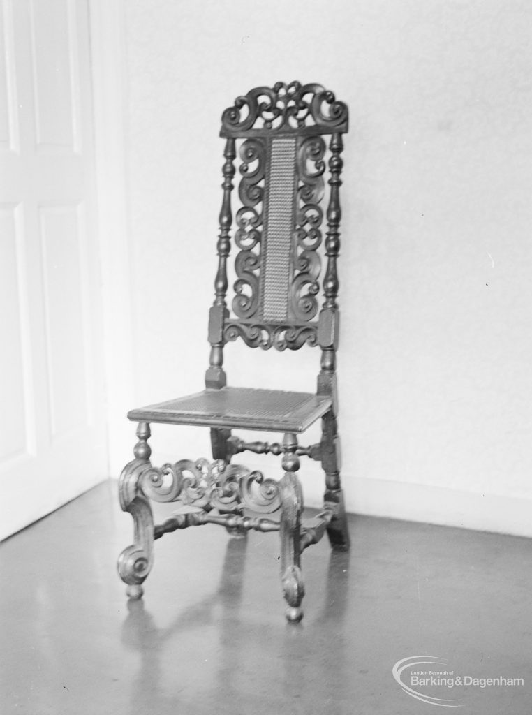 Late seventeenth century chair on loan from Victoria and Albert Museum and displayed in Valence House, Becontree Avenue, Dagenham, 1972