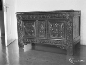 Early eighteenth century oak coffer chest on loan from Victoria and Albert Museum and displayed in Valence House, Becontree Avenue, Dagenham, 1972