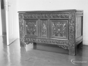 Early eighteenth century oak coffer chest on loan from Victoria and Albert Museum and displayed in Valence House, Becontree Avenue, Dagenham, 1972