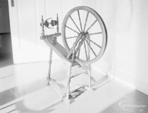 Spinning wheel (taken from above), on loan from Victoria and Albert Museum and displayed in Valence House, Becontree Avenue, Dagenham, 1972