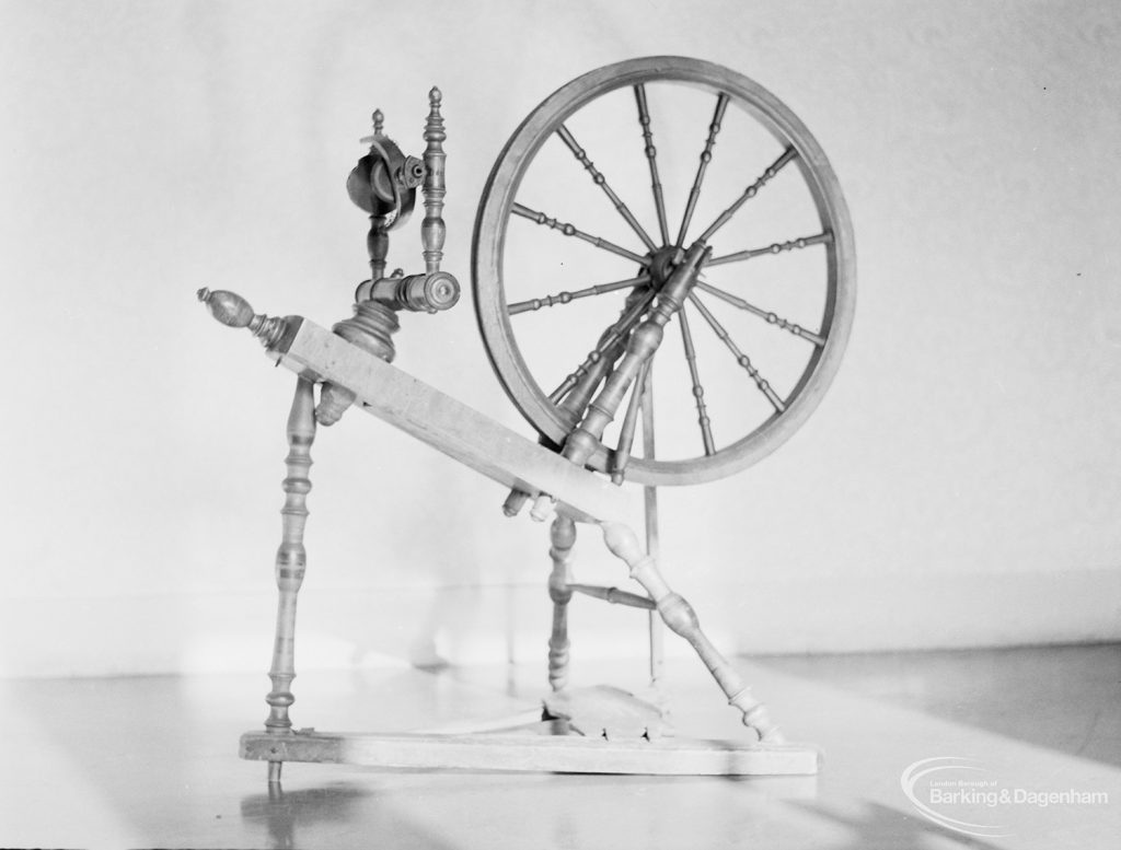 Spinning wheel, on loan from Victoria and Albert Museum and displayed in Valence House, Becontree Avenue, Dagenham, 1972