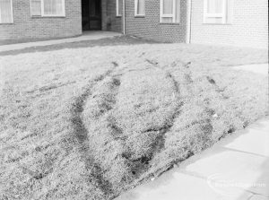 Damage to turf in Gascoigne area, Barking by resident using van, showing curved, nearly circular set of grooves, 1972