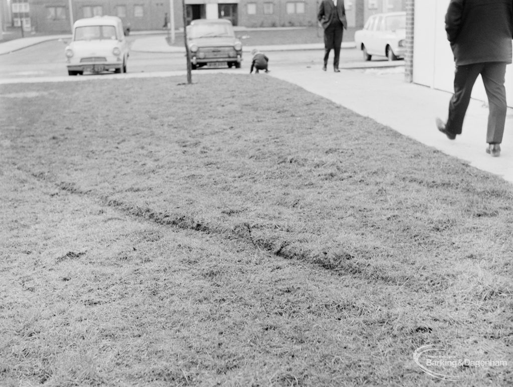 Damage to turf in Gascoigne area, Barking by resident using van, showing a single gash, 1972