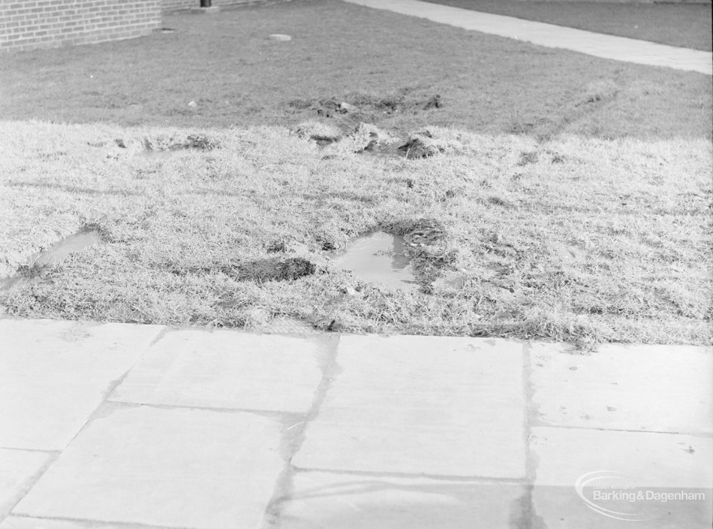 Damage to turf in Gascoigne area, Barking by resident using van, showing lumps of turf torn up, 1972