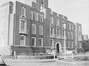 Barking Town Hall taken from cistern in yard of Abbey Hall, Axe Street, 1972