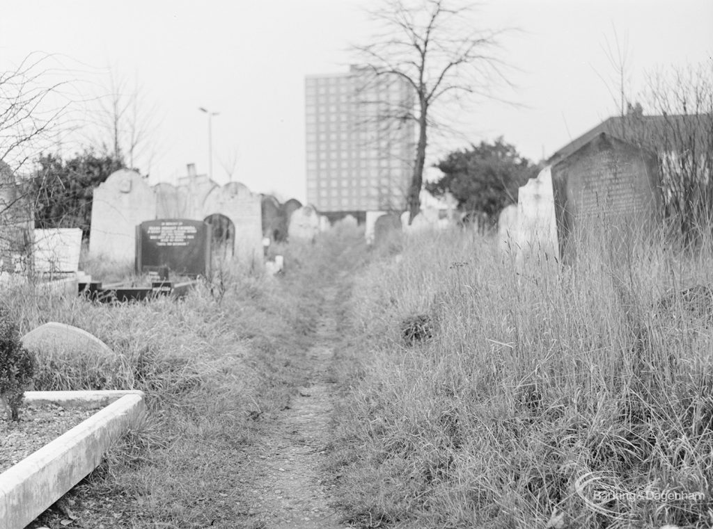 Neglected churchyard at St Peter Roman Catholic Church, Goresbrook Road, Dagenham, 1972