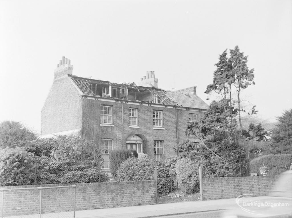 Site for Housing development at Paulatim Lodge, Chadwell Heath, taken after fire in roof and showing the Lodge with damaged roof, taken from south-east, 1972