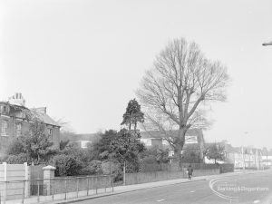 Site for Housing development at Paulatim Lodge, Chadwell Heath, taken after fire in roof and showing corner of the Lodge, elm tree to be removed, and other trees looking north-west, 1972