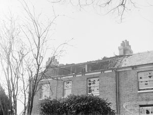 Site for Housing development at Paulatim Lodge, Chadwell Heath, taken after fire in roof and showing damaged roof and broken windows, 1972