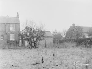 Site for Housing development at Paulatim Lodge, Chadwell Heath, taken after fire in roof and showing south end rear of Lodge with garden and bare tree, 1972
