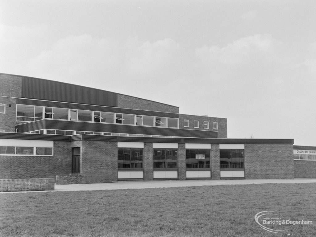 New Dagenham Swimming Pool at Becontree Heath, showing brick colonnade, 1972