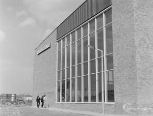 New Dagenham Swimming Pool at Becontree Heath, showing vast roof-to-street west window, taken from south-west, 1972
