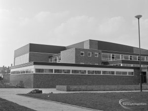 New Dagenham Swimming Pool at Becontree Heath, showing the southern end with south-east corner and lawn, 1972