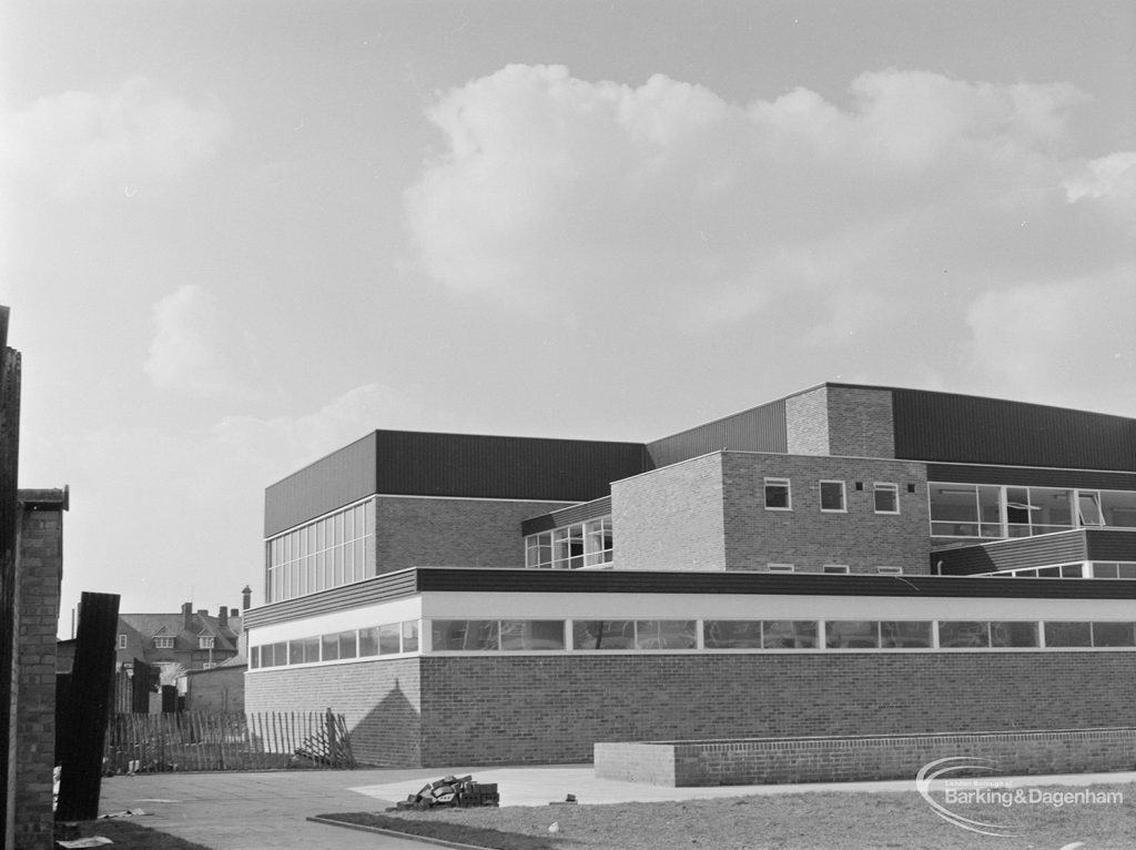 New Dagenham Swimming Pool at Becontree Heath, showing the whole south-east corner with receding cubes, 1972