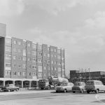 Parade of shops and flats at Becontree Heath, taken from Dagenham Swimming Pool from north-west, 1972