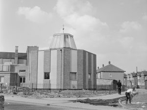 Becontree Heath Methodist Church, Dagenham, showing glass-fronted construction of barely finished spire, 1972