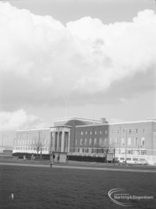 Civic Centre, Dagenham, showing front exterior with portico, taken from west-south-west, 1972