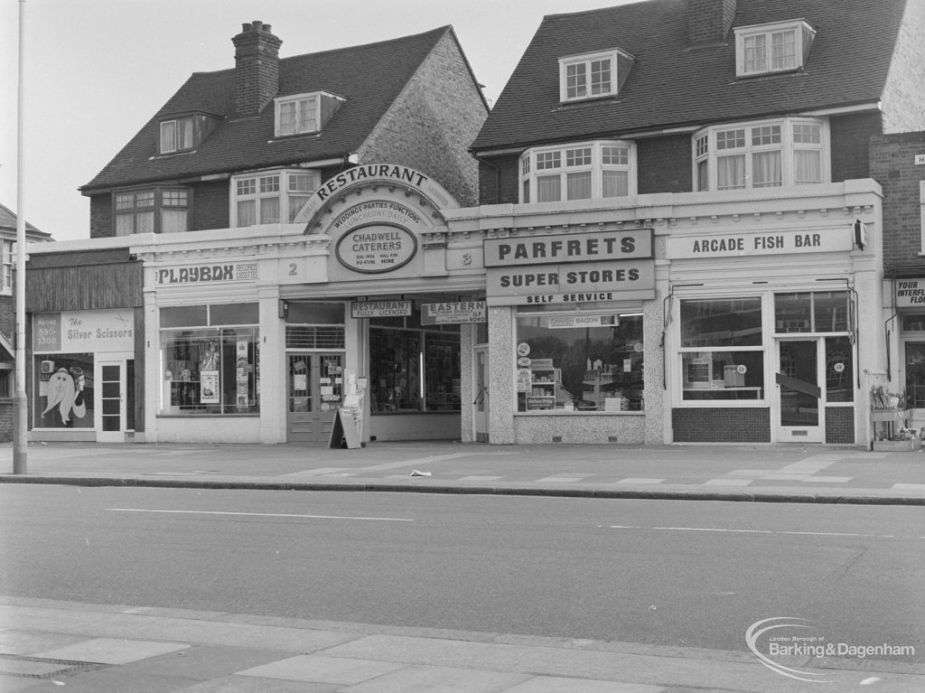 The Silver Scissors, Playbox, Parfrets Super Stores, Arcade Fish Bar and other shops in High Road, Chadwell Heath, opposite Barclays Bank, 1972