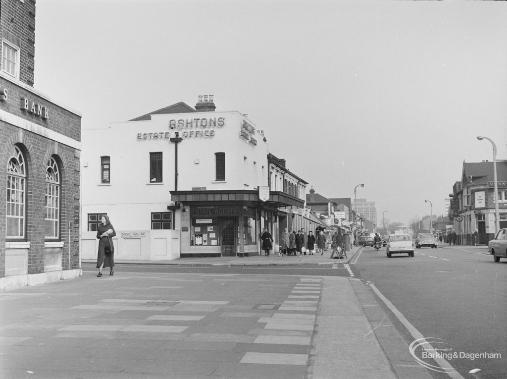 Ashtons Estate Agents in High Road, Chadwell Heath, at junction with Chadwell Heath Lane, taken from west, 1972