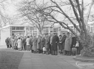Queue for Senior Citizens’ bus permits at Valence Library, Dagenham, 1972