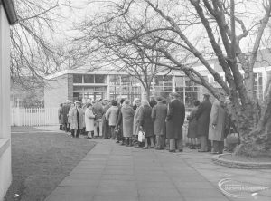 Head of queue for Senior Citizens’ bus permits at Valence Library, Dagenham, 1972