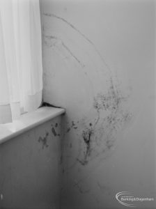 Public Health, showing effects of condensation at 161 Church Elm Lane, Dagenham, semicircular lines near corner of windows in main bedroom, 1972