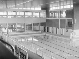 New Dagenham Swimming Pool at Becontree Heath, showing view from spectators’ gallery looking east, 1972