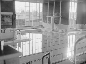 New Dagenham Swimming Pool at Becontree Heath, showing main pool from south-west corner, 1972