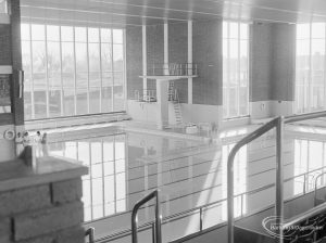 New Dagenham Swimming Pool at Becontree Heath, showing junction of pools from spectators’ gallery, 1972