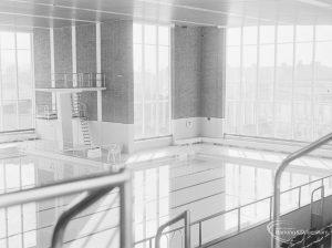 New Dagenham Swimming Pool at Becontree Heath, showing diving area from spectators’ gallery, 1972